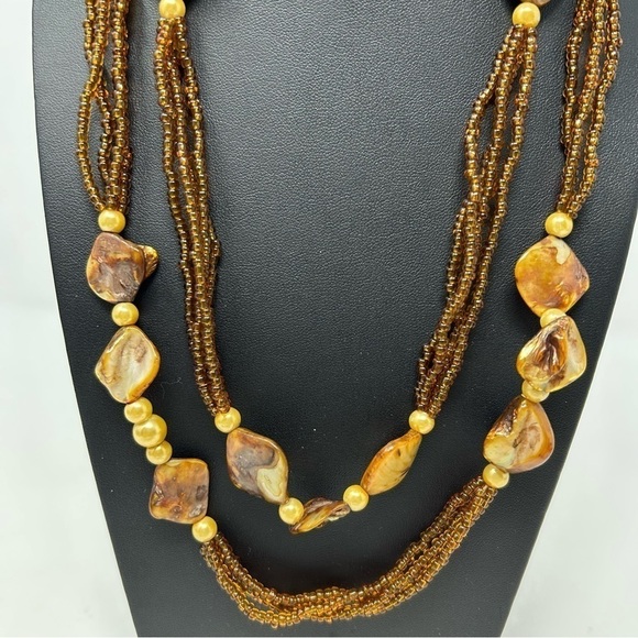 Yellow Amber Color Dyed Mother of Pearl Shell Layered Necklace Seed Beads 22.5" - Picture 2 of 10